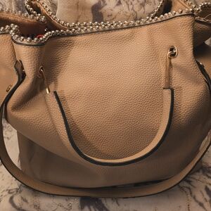 Chic Beige Leather Shoulder Bag with Gold Accents